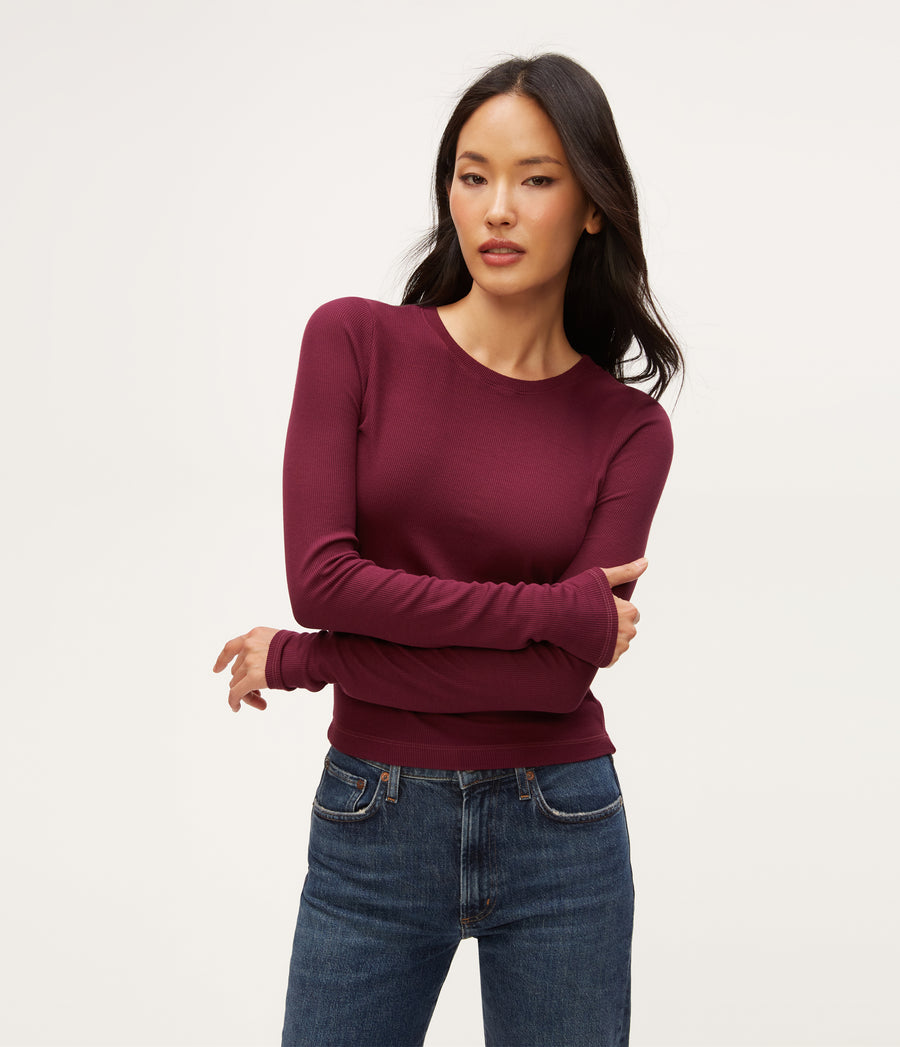 Finn Crew Neck Top in Beetroot Red Close Up View #BEETROOT