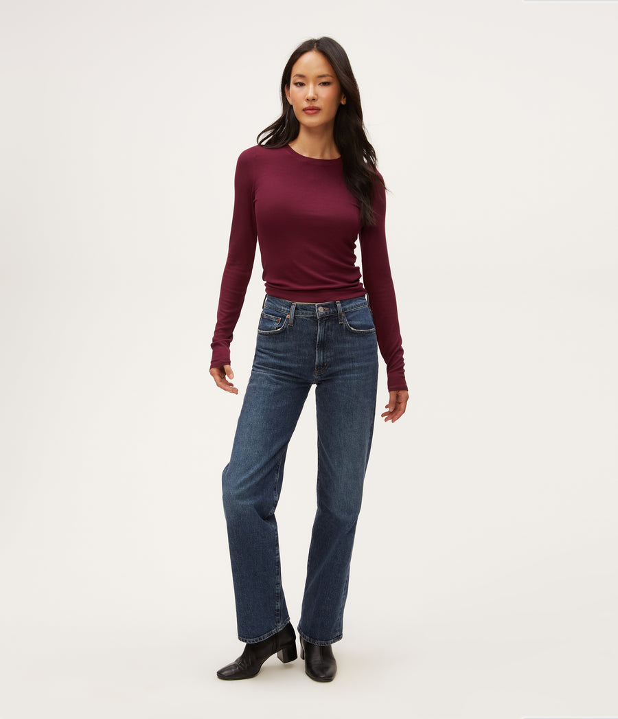 Finn Crew Neck Top in Beetroot Red Full Body View #BEETROOT