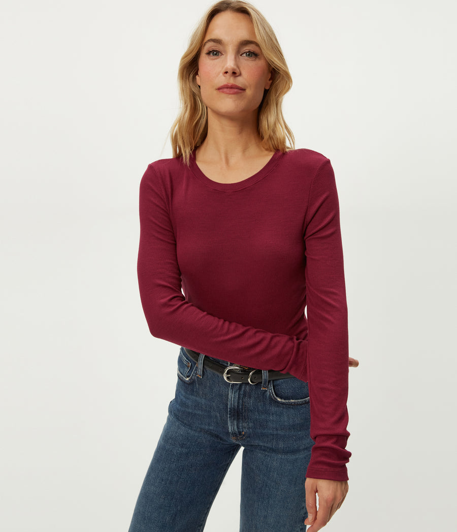 Finn Crewneck Top in Garnet Red Close Up View #GARNET