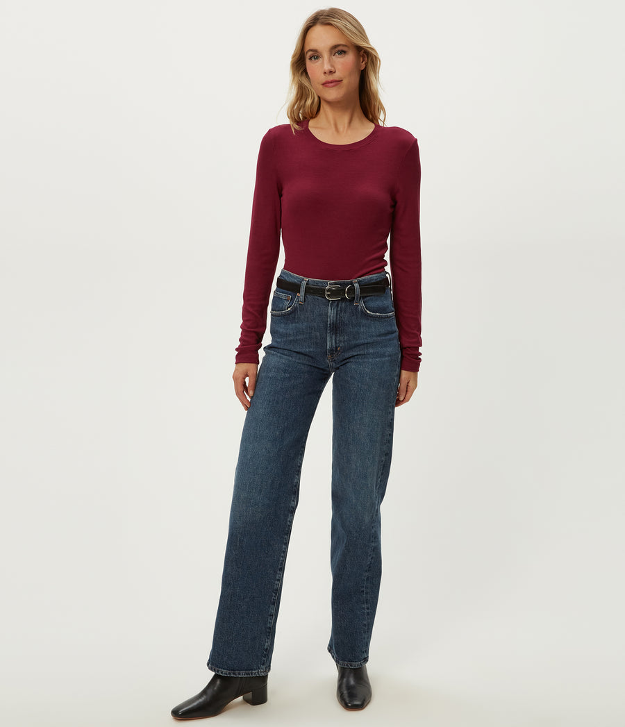 Finn Crewneck Top in Garnet Red Full Body View #GARNET
