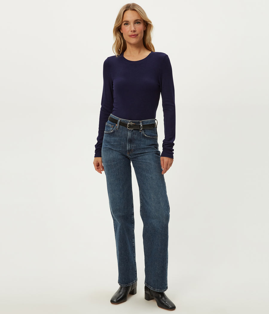 Finn Crewneck Top in Nocturnal Blue Full Body View #NOCTURNAL