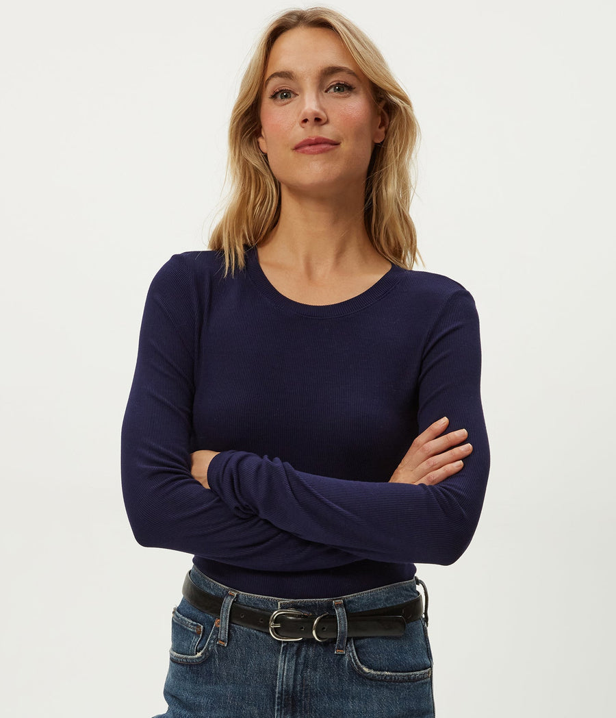 Finn Crewneck Top in Nocturnal Blue Close up View #NOCTURNAL