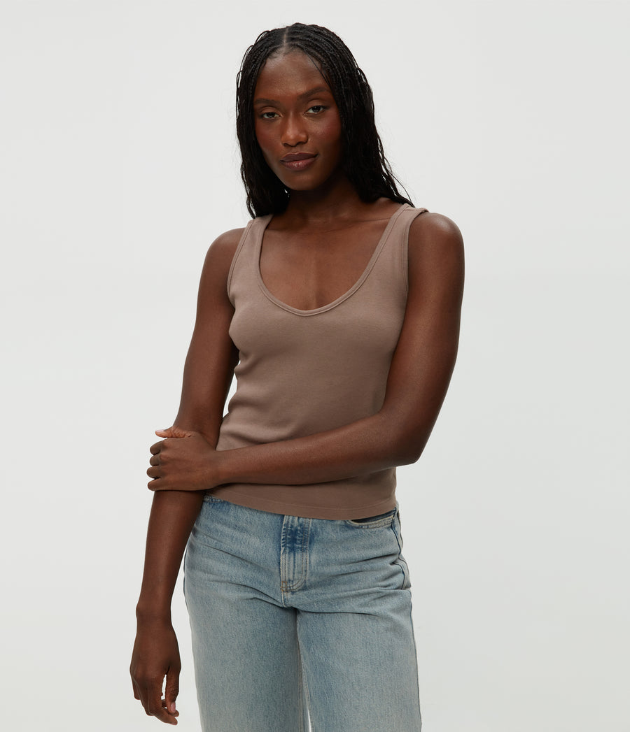 Sloan V-Neck Tank in Cobblestone Brown Close Up View #COBBLESTONE