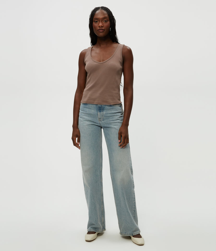 Sloan V-Neck Tank in Cobblestone Brown Full Body View #COBBLESTONE