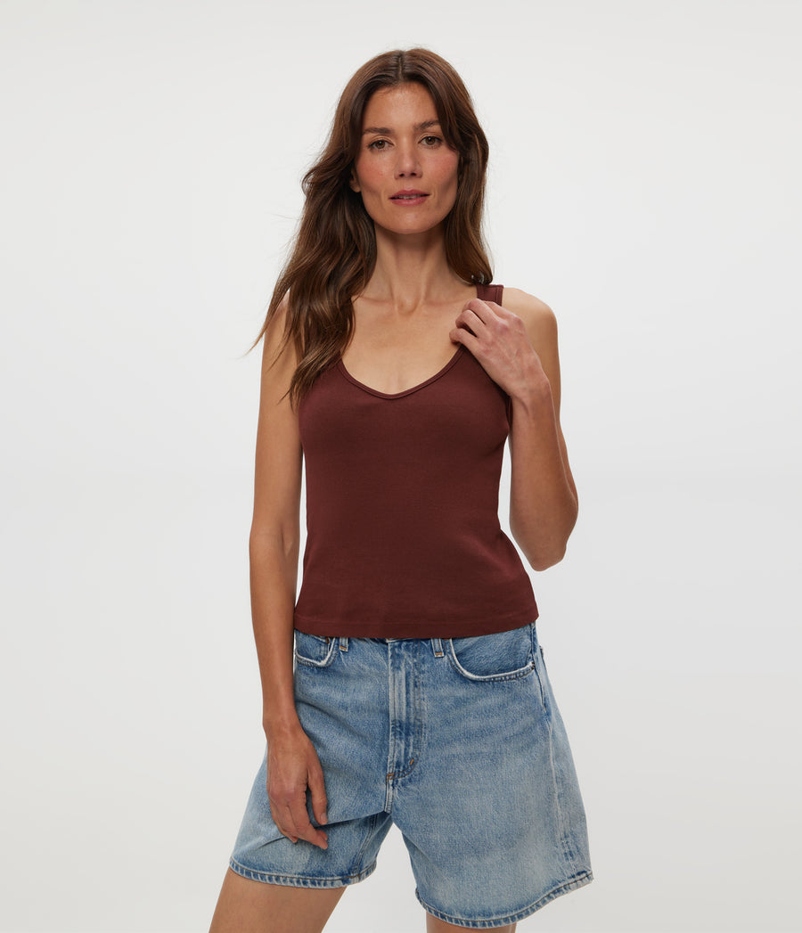 Sloan V-Neck Tank in ESPRESSO Brown Close Up View #ESPRESSO