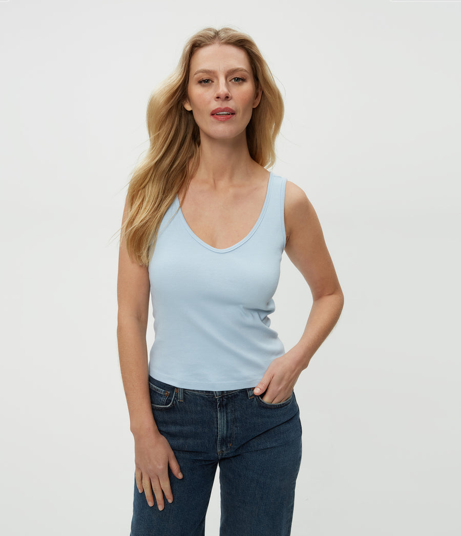 Sloan V-Neck Tank in Fountain Blue Close Up View #FOUNTAIN