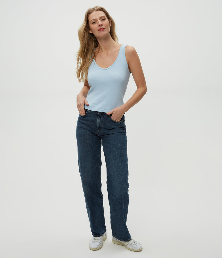 Sloan V-Neck Tank in Fountain Blue Full Body View #FOUNTAIN
