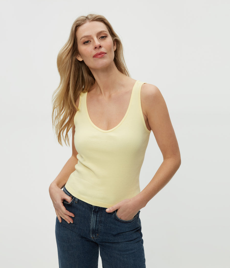Sloan V-Neck Tank in Lemonade Yellow Close Up View #LEMONADE