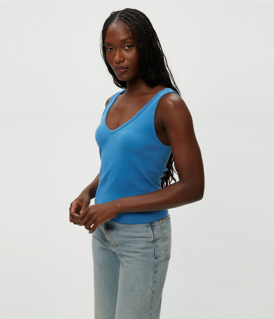 Sloan V-Neck Tank in Ocean Blue Close Up View #OCEAN