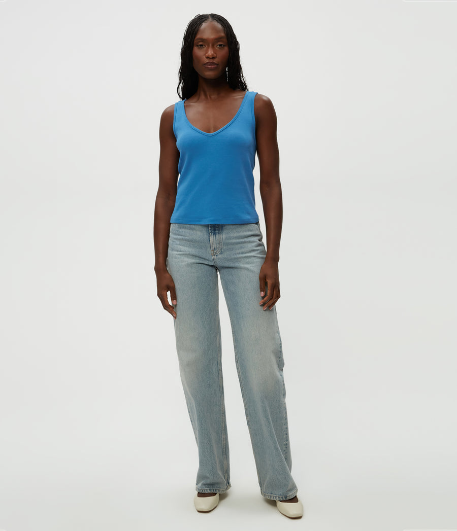 Sloan V-Neck Tank in Ocean Blue Full Body View #OCEAN