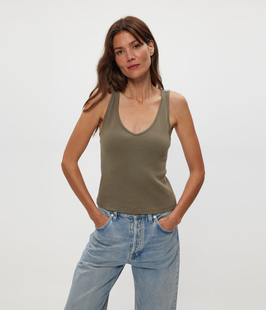 Sloan V-Neck Tank in Olive Green Close Up View #OLIVE