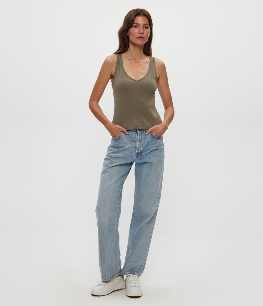 Sloan V-Neck Tank in Olive Green Full Body View #OLIVE