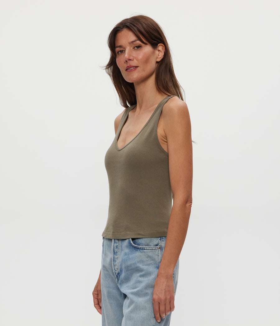 Sloan V-Neck Tank in Olive Green Side View #OLIVE