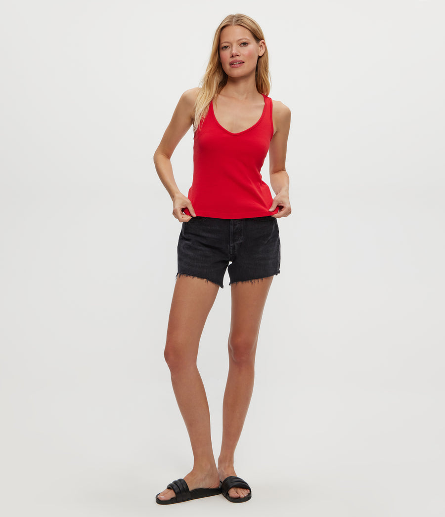 Sloan V-Neck Tank in Rumba Red Full Body View #RUMBA