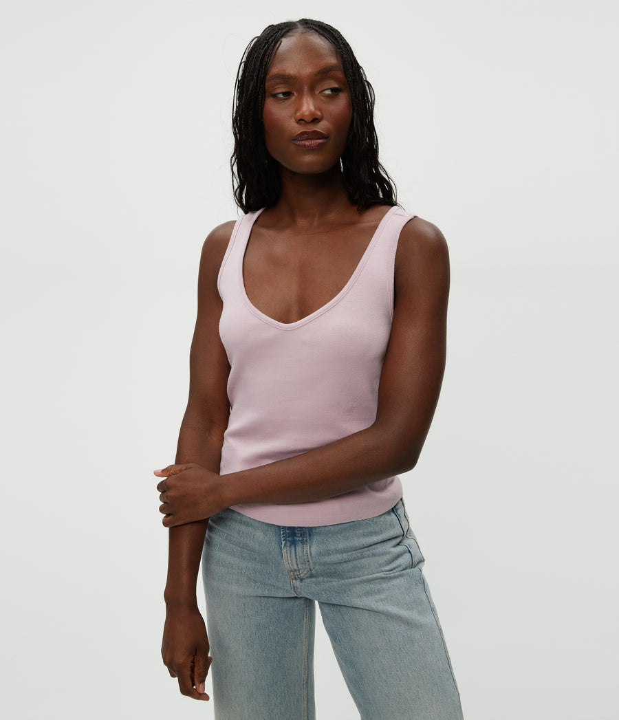 Sloan V-Neck Tank in Sachet Pink Close Up View #SACHET