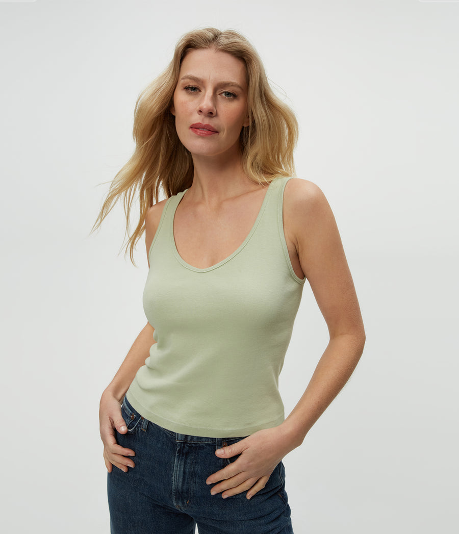 Sloan V-Neck Tank in Seacrest Green Close Up View #SEACREST