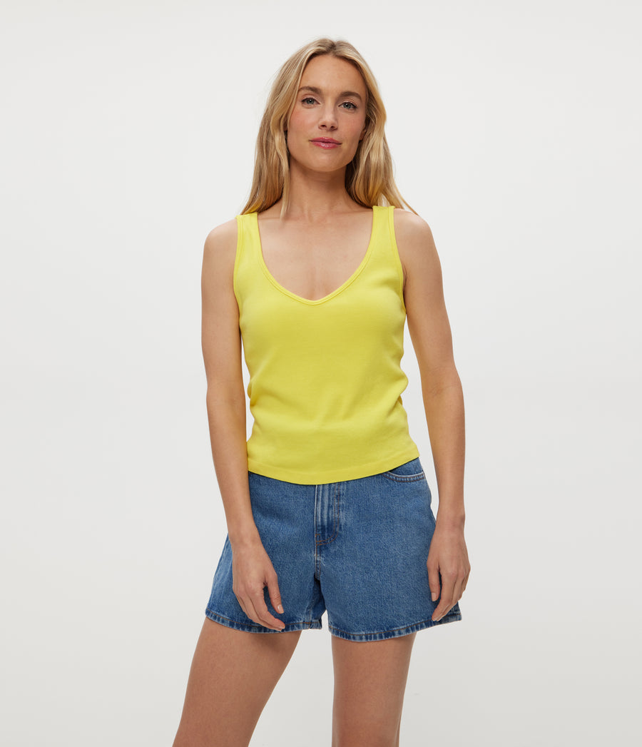 Sloan V-Neck Tank in ZEST Yellow Close Up View #ZEST