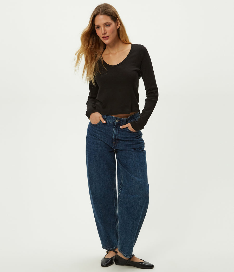 Lizzie V-Neck Long Sleeve Tee in Black Full Body View #BLACK