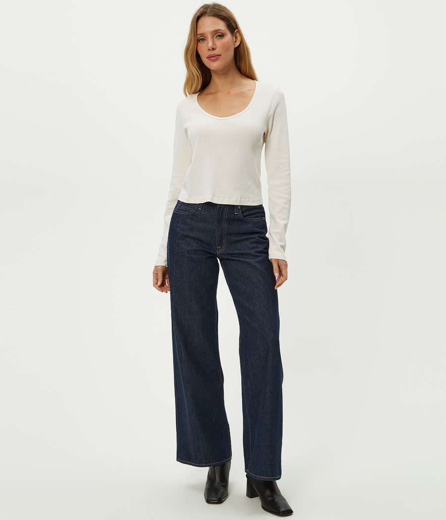 Lizzie V-Neck Long Sleeve Tee in Chalk White Full Body View #CHALK