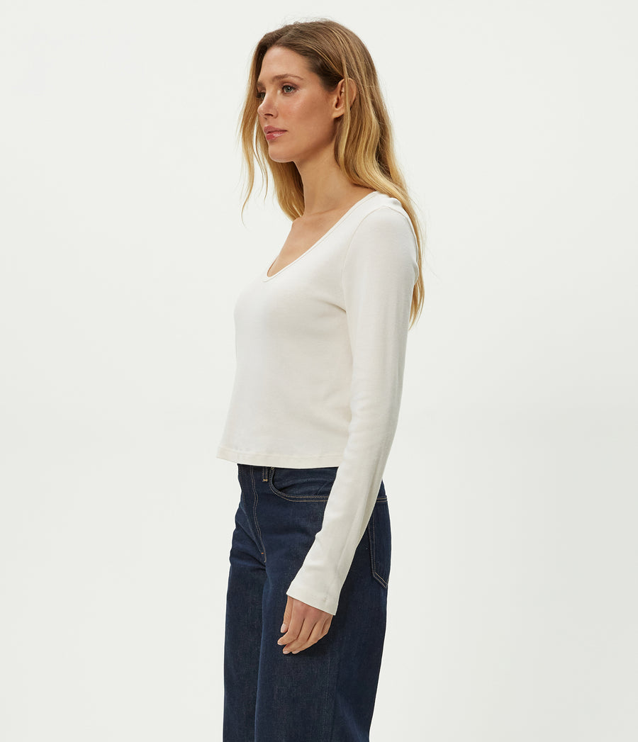 Lizzie V-Neck Long Sleeve Tee in Chalk White Side View #CHALK