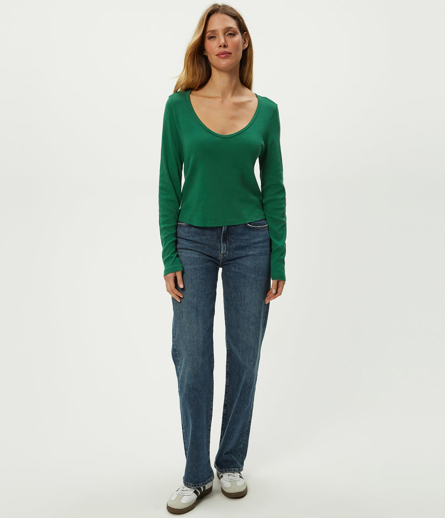 Lizzie V-Neck Long Sleeve Tee in Emerald GREEN Full Body View #EMERALD