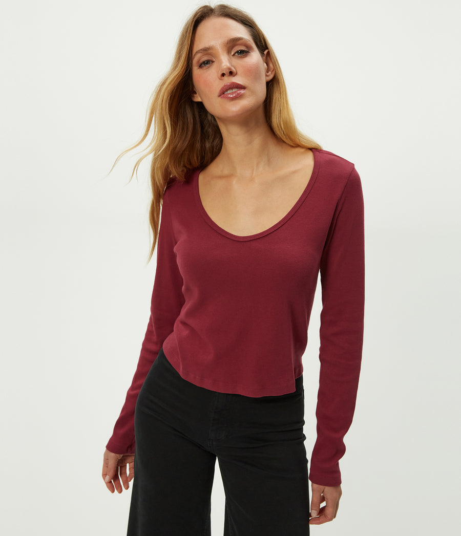 Lizzie V-Neck Long Sleeve Tee in Garnet Red Close Up View #GARNET