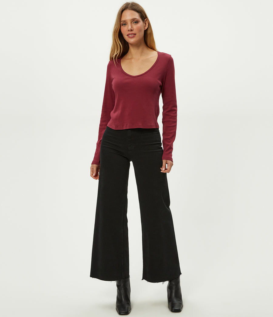 Lizzie V-Neck Long Sleeve Tee in Garnet Red Full Body View #GARNET