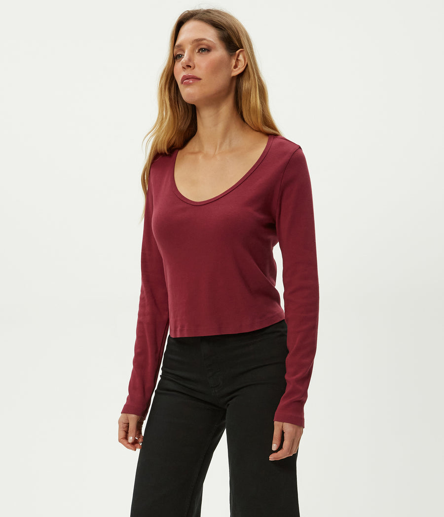 Lizzie V-Neck Long Sleeve Tee in Garnet Red Side View #GARNET