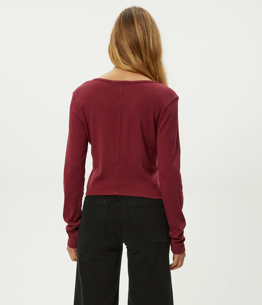 Lizzie V-Neck Long Sleeve Tee in Garnet Red Back View #GARNET
