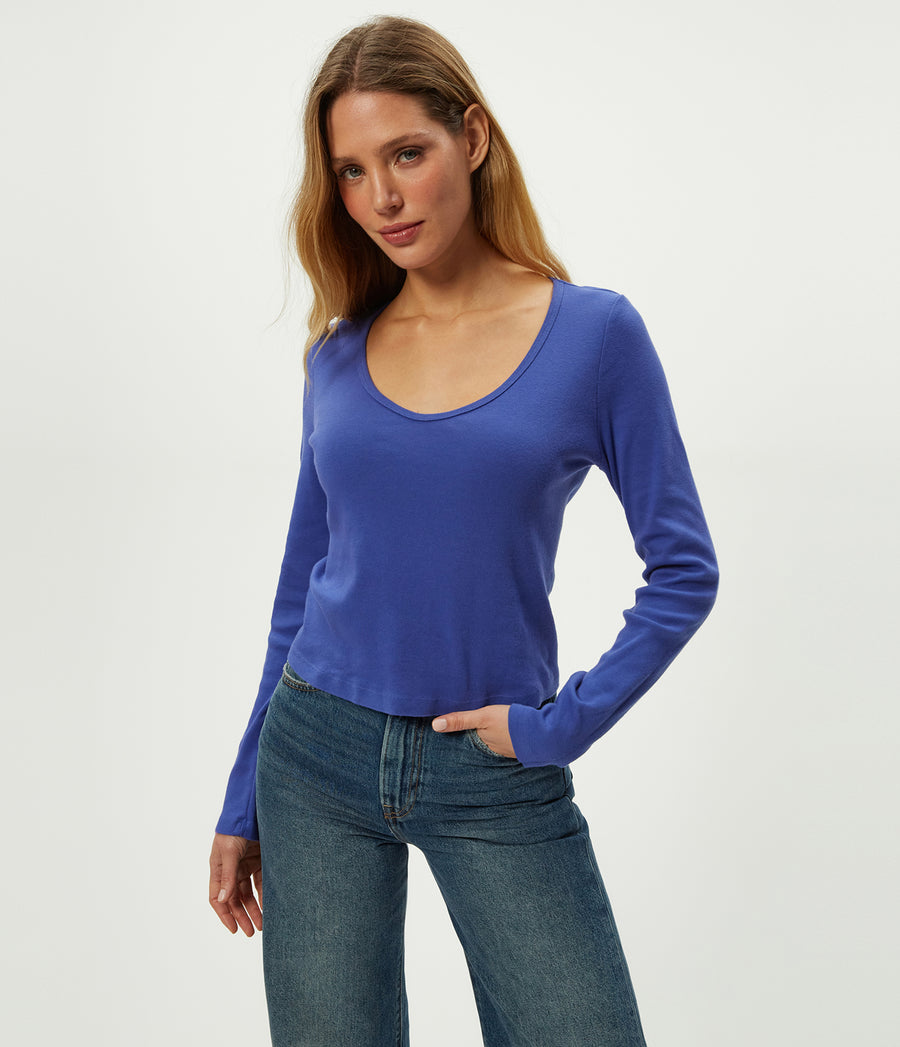 Lizzie V-Neck Long Sleeve Tee in Lapis Blue Close Up View #LAPIS