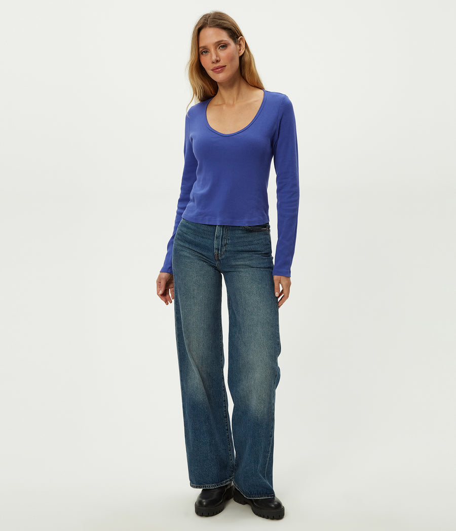Lizzie V-Neck Long Sleeve Tee in Lapis Blue Full Body View #LAPIS