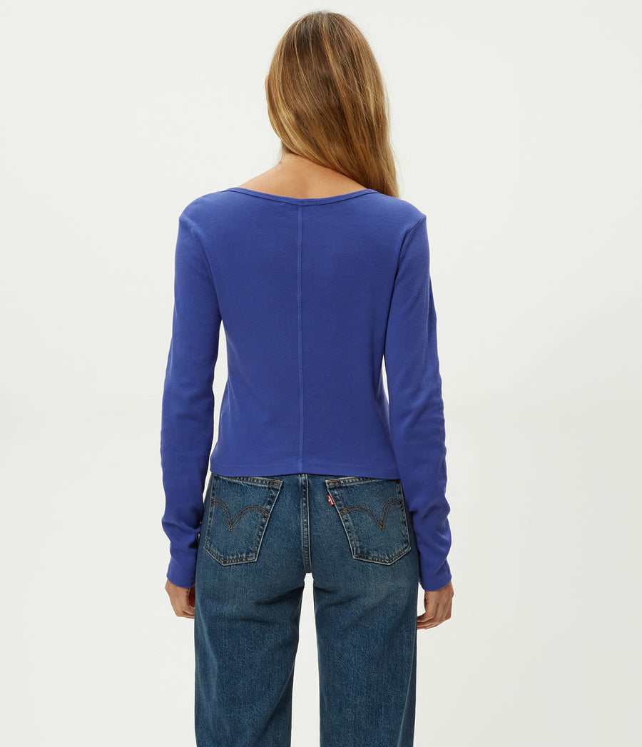 Lizzie V-Neck Long Sleeve Tee in Lapis Blue Back View #LAPIS