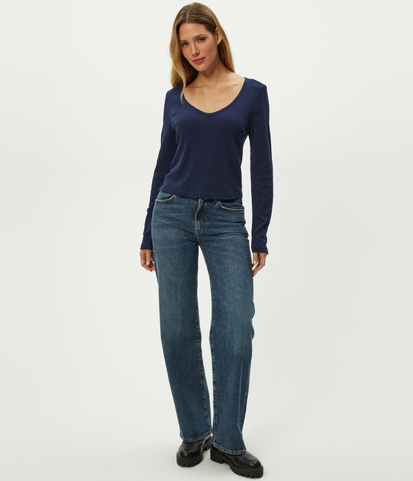 Lizzie V-Neck Long Sleeve Tee in Nocturnal Blue Full Body View #NOCTURNAL