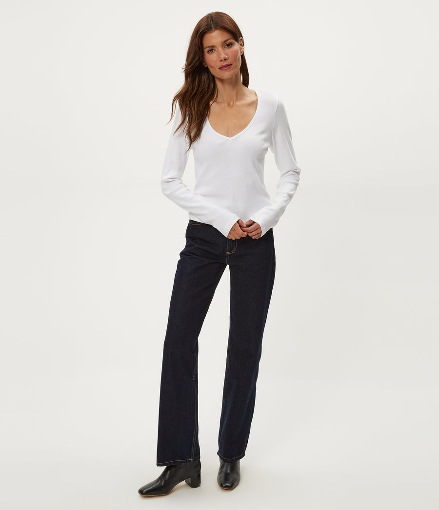 Lizzie V-Neck Long Sleeve Tee in White Full Body View #WHITE