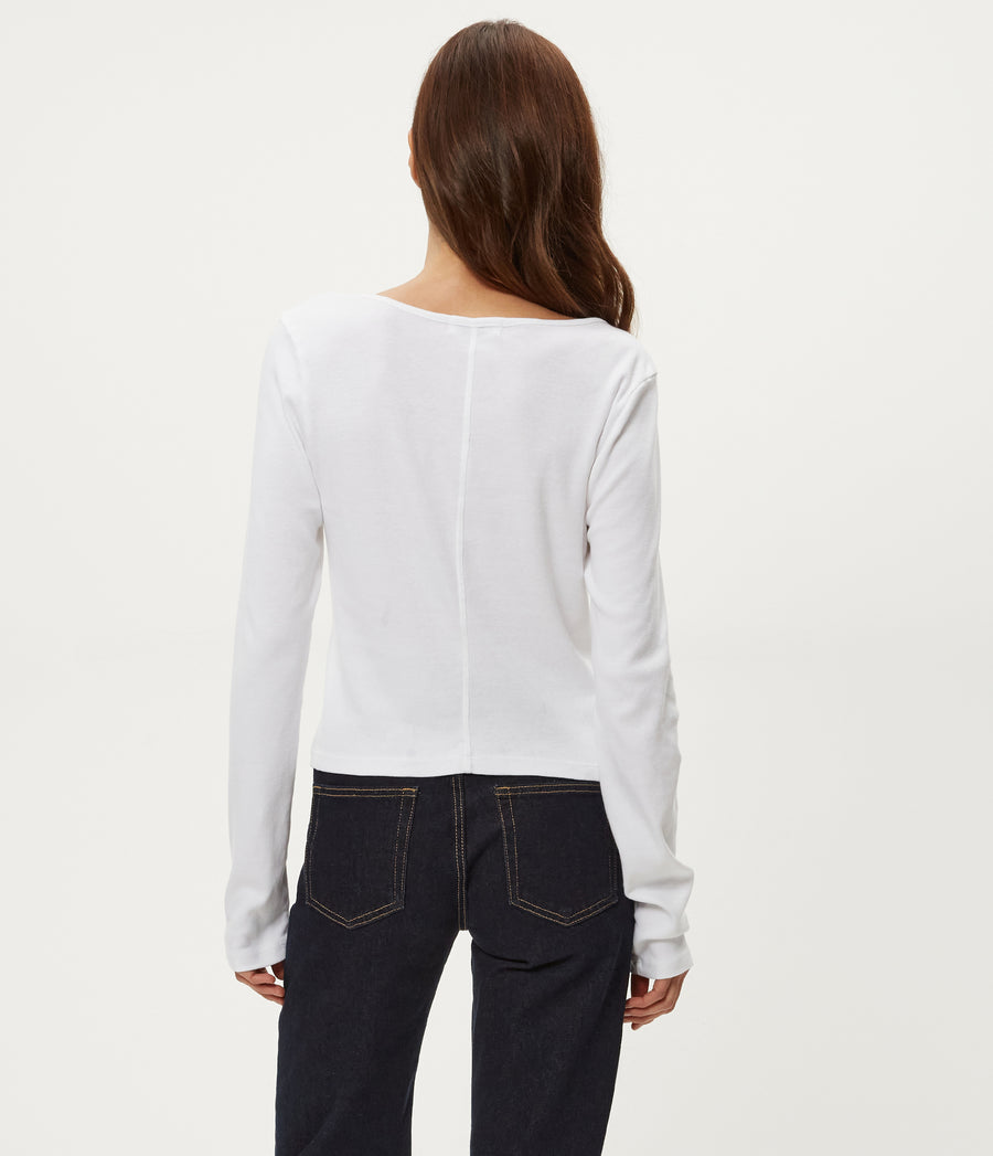 Lizzie V-Neck Long Sleeve Tee in White Back View #WHITE