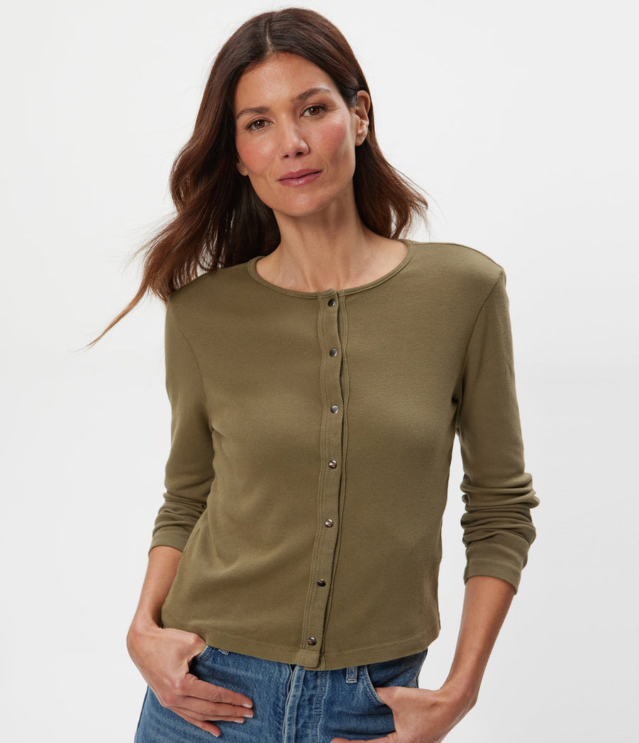 Trixie Cardigan in CAPER Green Close up View #CAPER
