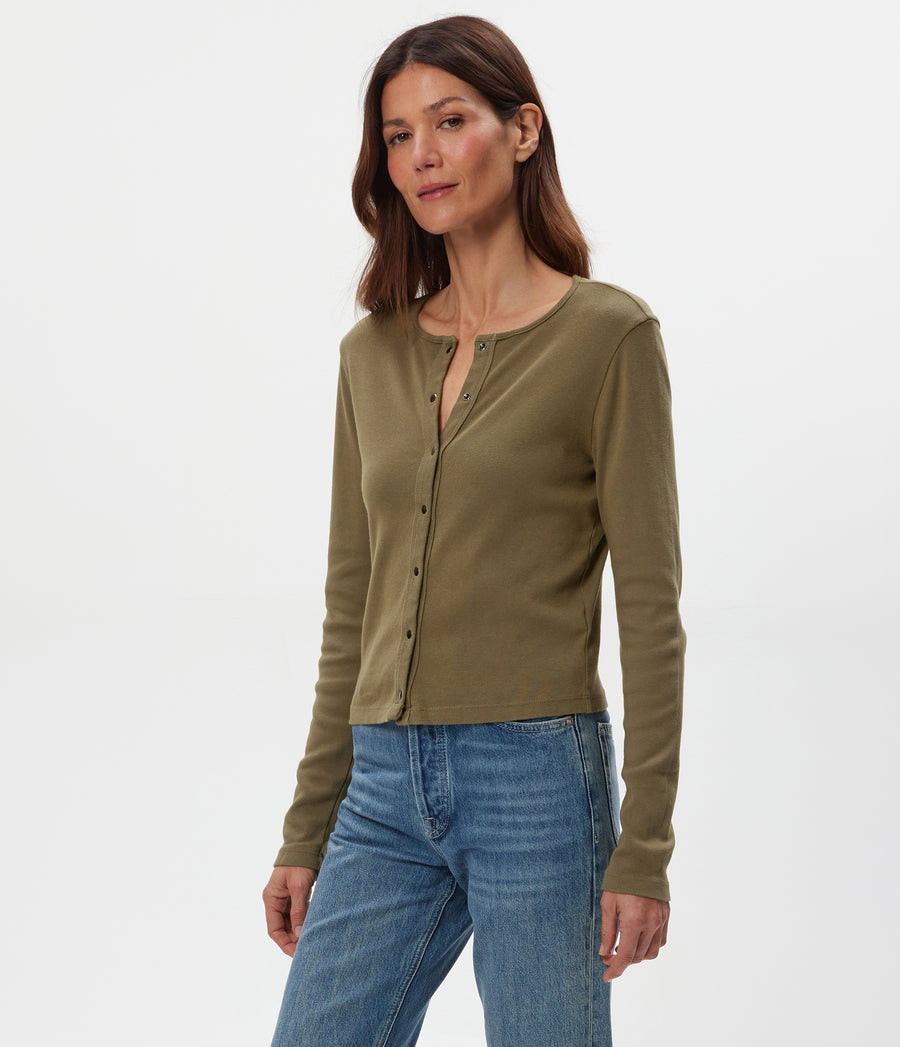 Trixie Cardigan in CAPER  Green Side View #CAPER
