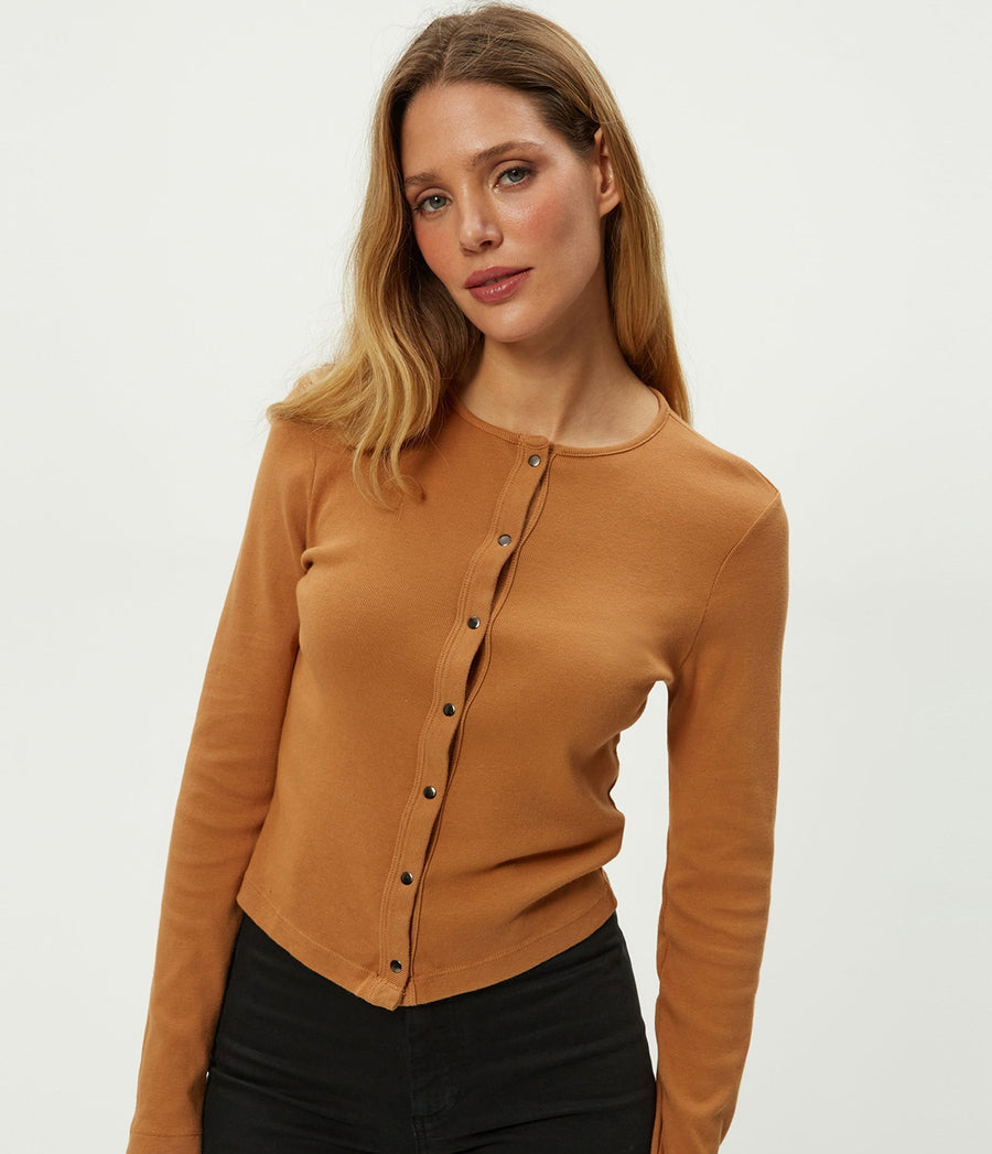Trixie Cardigan in Cumin Brown Close Up View #CUMIN