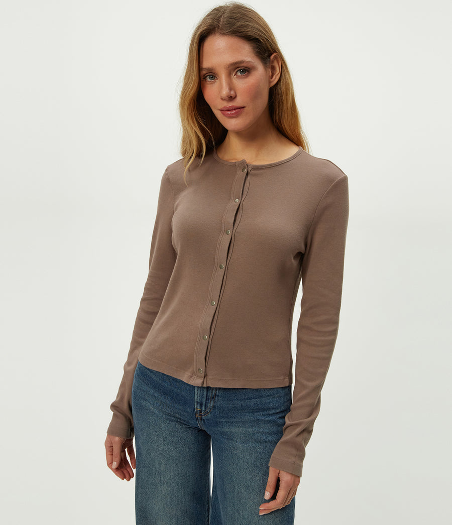 Trixie Cardigan in Cobblestone Brown Close Up View #COBBLESTONE