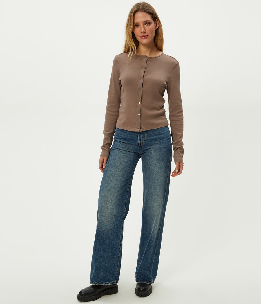 Trixie Cardigan in Cobblestone Brown Full Body View #COBBLESTONE