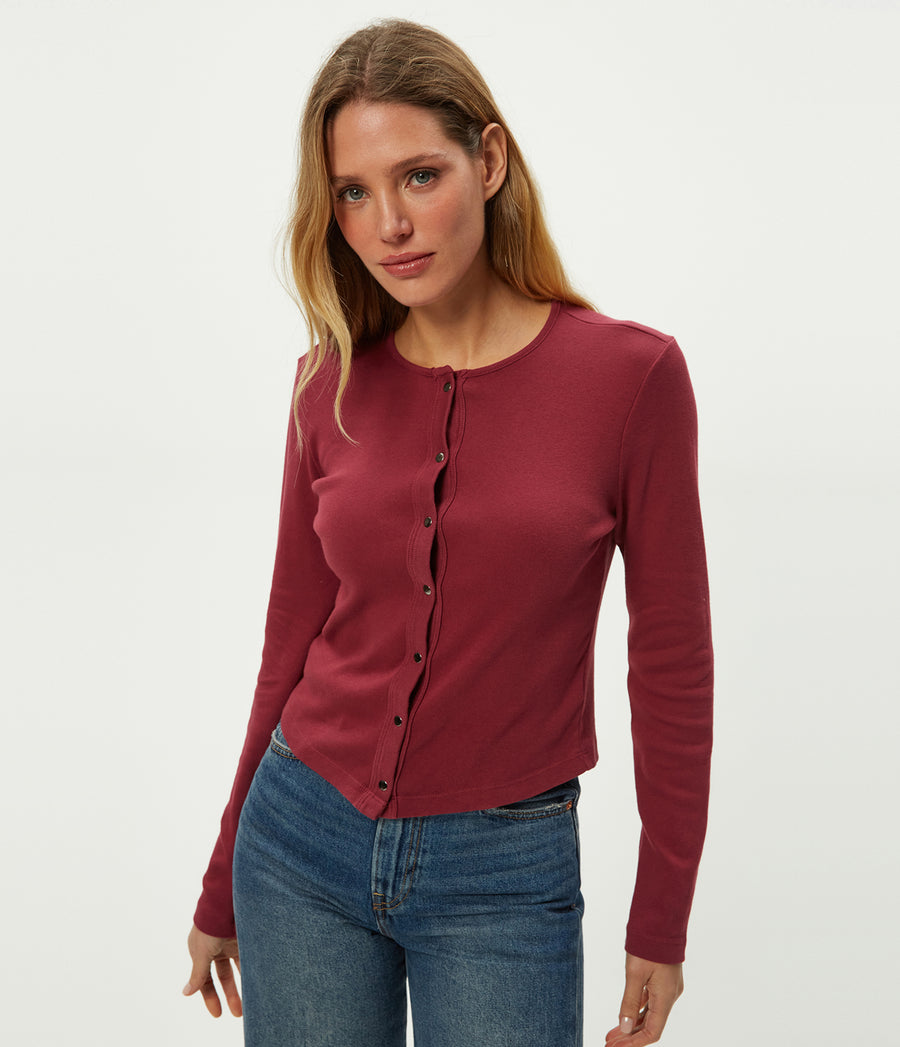 Trixie Cardigan in Garnet Red Close Up View #GARNET