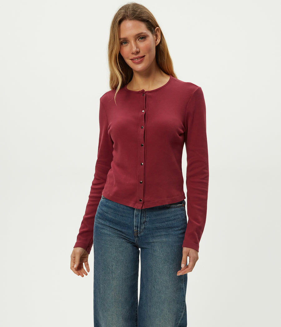 Trixie Cardigan in Garnet Red Side View #GARNET
