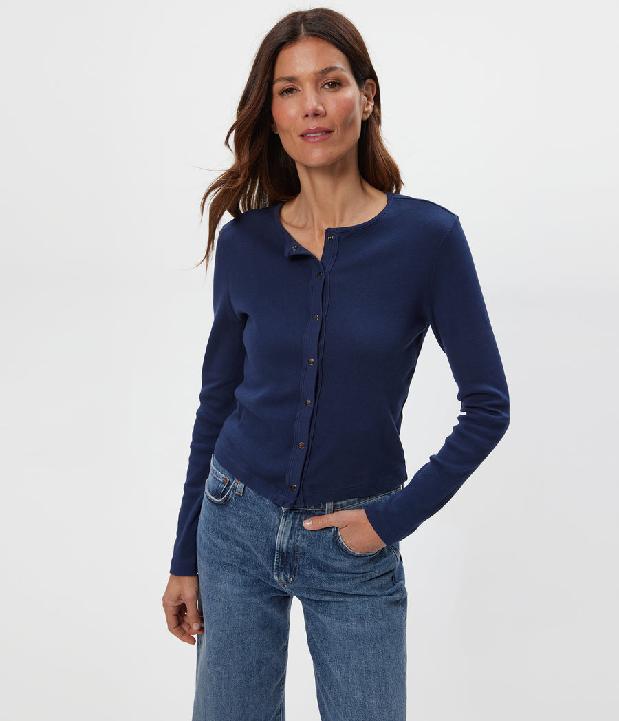Trixie Cardigan in Nocturnal Blue Close up View  #NOCTURNAL
