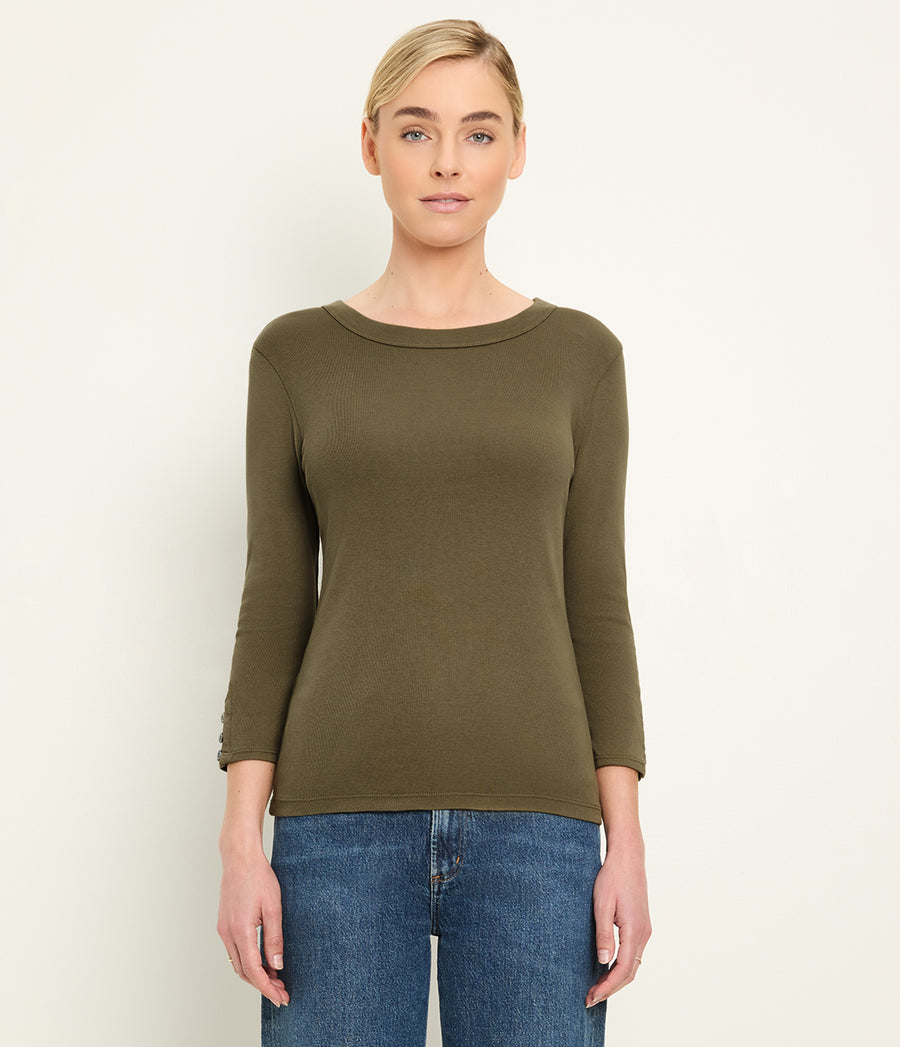 Joyce 3/4 Button Sleeve Tee in CAPER  Green Full Body View #CAPER