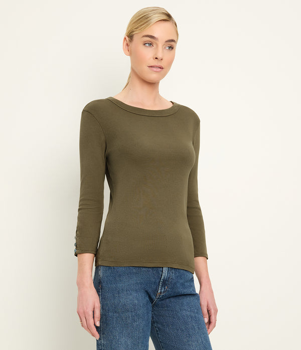 Joyce 3/4 Button Sleeve Tee in CAPER  Green Side View #CAPER
