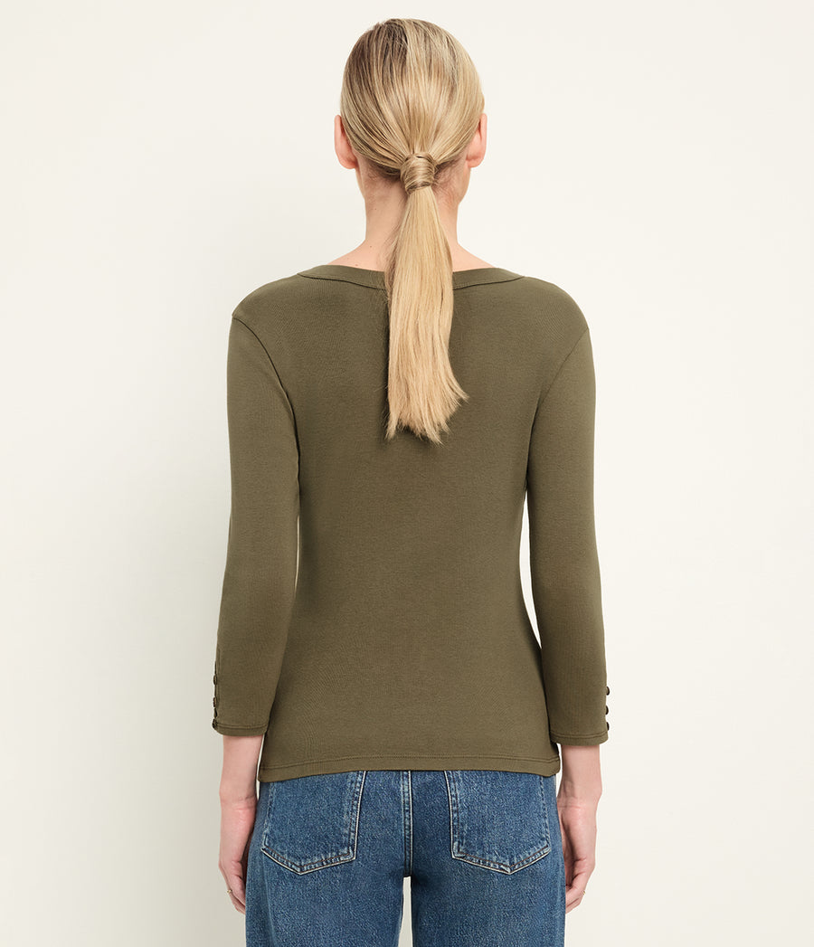 Joyce 3/4 Button Sleeve Tee in CAPER  Green Back View #CAPER