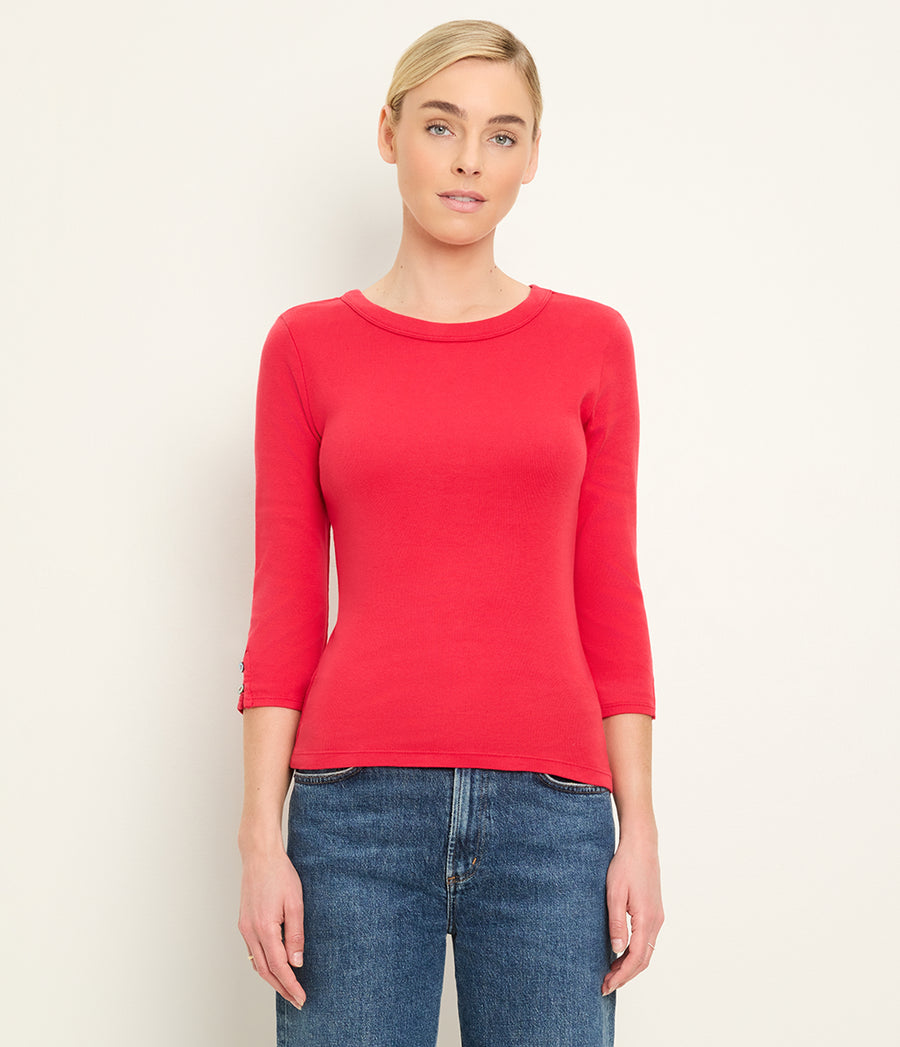 Joyce 3/4 Button Sleeve Tee in LACQUER RED Close up View #LACQUER