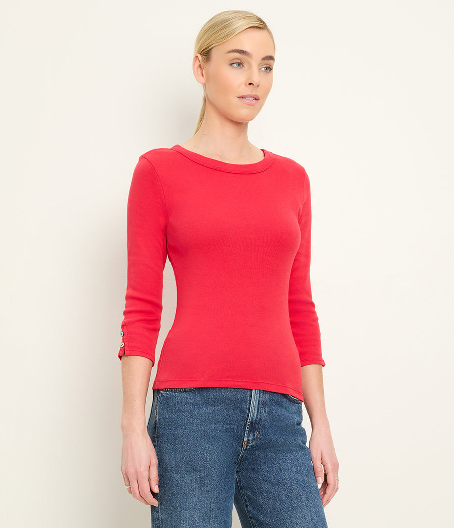 Joyce 3/4 Button Sleeve Tee in LACQUER RED Side View #LACQUER