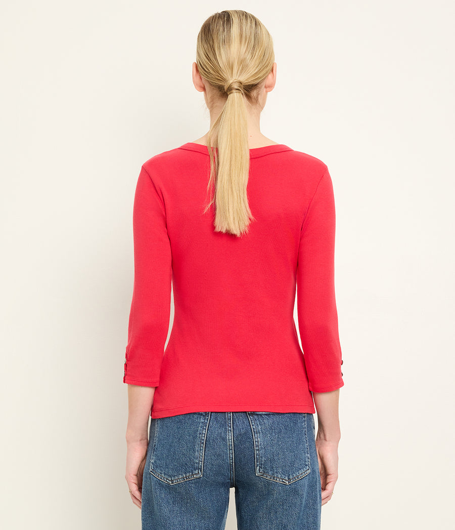 Joyce 3/4 Button Sleeve Tee in LACQUER RED Back View #LACQUER
