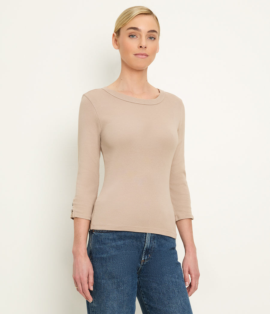 Joyce 3/4 Button Sleeve Tee in  MACADAMIA Beige Side View #MACADAMIA
